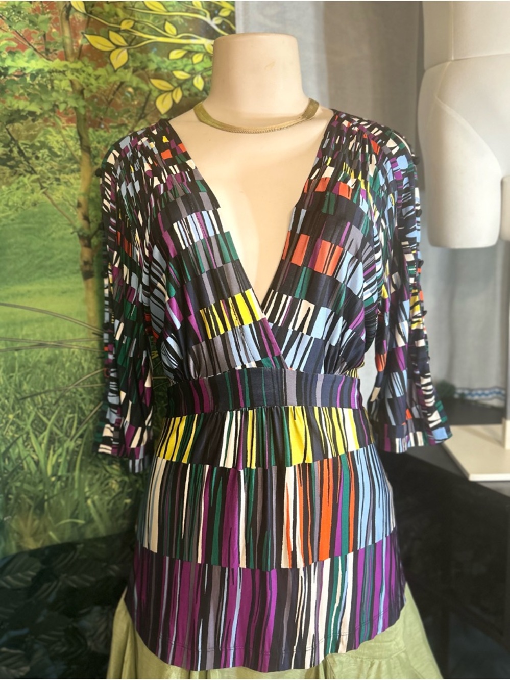 BCBGMaxAzria Ink Multi Striped V-Neck Silky Blouse  w Open button sleeves